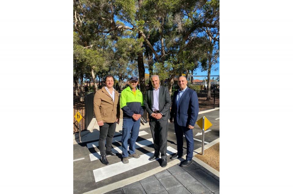 Glenn Simpson, Growth Civil Landscapes, with Fairfield Mayor, Frank Carbone and Councillors at Deerbush Park All-Abilities Playground Official Opening, Fairfield Showground