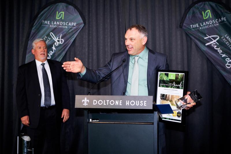 Glenn Simpson accepting the Gold Award and Best In Category Award for Commercial and Civil Construction Up to $250,000: Kings Lane Reserve 